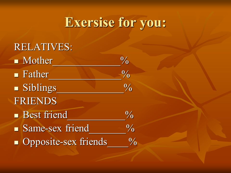 Exersise for you: RELATIVES: Mother_____________% Mother_____________% Father______________% Father______________% Siblings_____________% Siblings_____________%FRIENDS Best friend___________% Best friend___________% Same-sex friend_______% Same-sex friend_______% Opposite-sex friends____% Opposite-sex friends____%