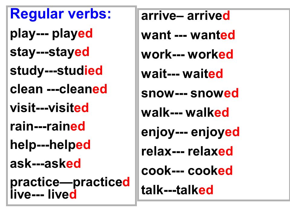Period 6 Regular verbs: play--- played stay---stayed study