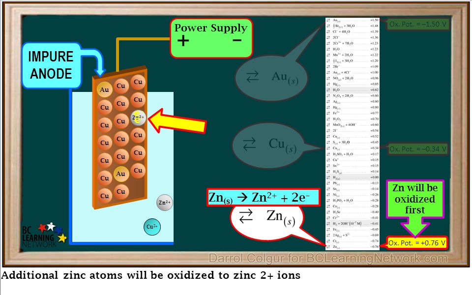 Additional zinc atoms will be oxidized to zinc 2+ ions Au Cu Au Zn Cu IMPURE ANODE PURE CATHODE Ox.