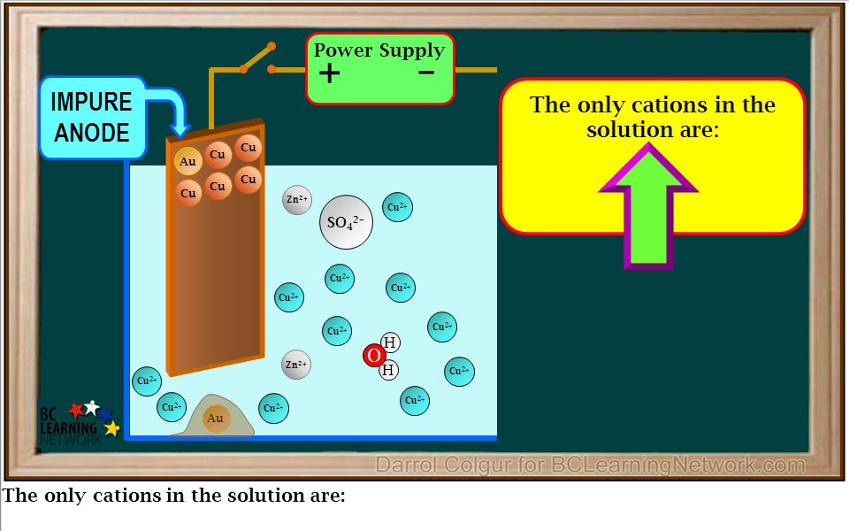 Cu 2+ The only cations in the solution are: Au Cu IMPURE ANODE PURE CATHODE Zn 2+ Cu 2+ Au Cu 2+ SO 4 2– H H O Power Supply + – The only cations in the solution are:  Cations of metals below Cu on the table (Zn 2+ )  Cu 2+ cations