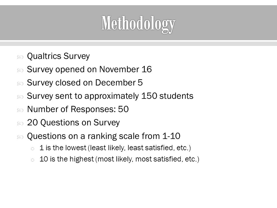  Qualtrics Survey  Survey opened on November 16  Survey closed on December 5  Survey sent to approximately 150 students  Number of Responses: 50  20 Questions on Survey  Questions on a ranking scale from 1-10 o 1 is the lowest (least likely, least satisfied, etc.) o 10 is the highest (most likely, most satisfied, etc.)