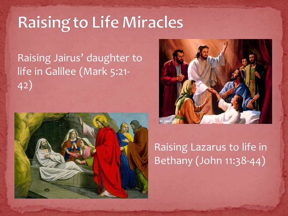 Raising Jairus’ daughter to life in Galilee (Mark 5:21- 42) Raising Lazarus to life in Bethany (John 11:38-44)