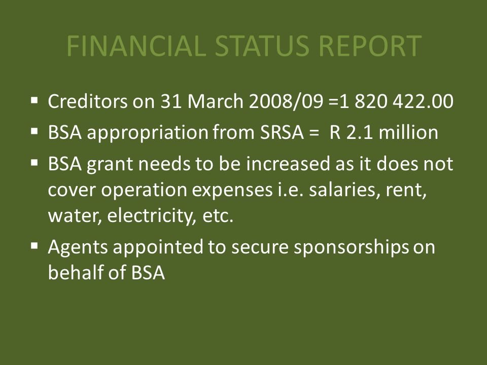 FINANCIAL STATUS REPORT  Creditors on 31 March 2008/09 =  BSA appropriation from SRSA = R 2.1 million  BSA grant needs to be increased as it does not cover operation expenses i.e.