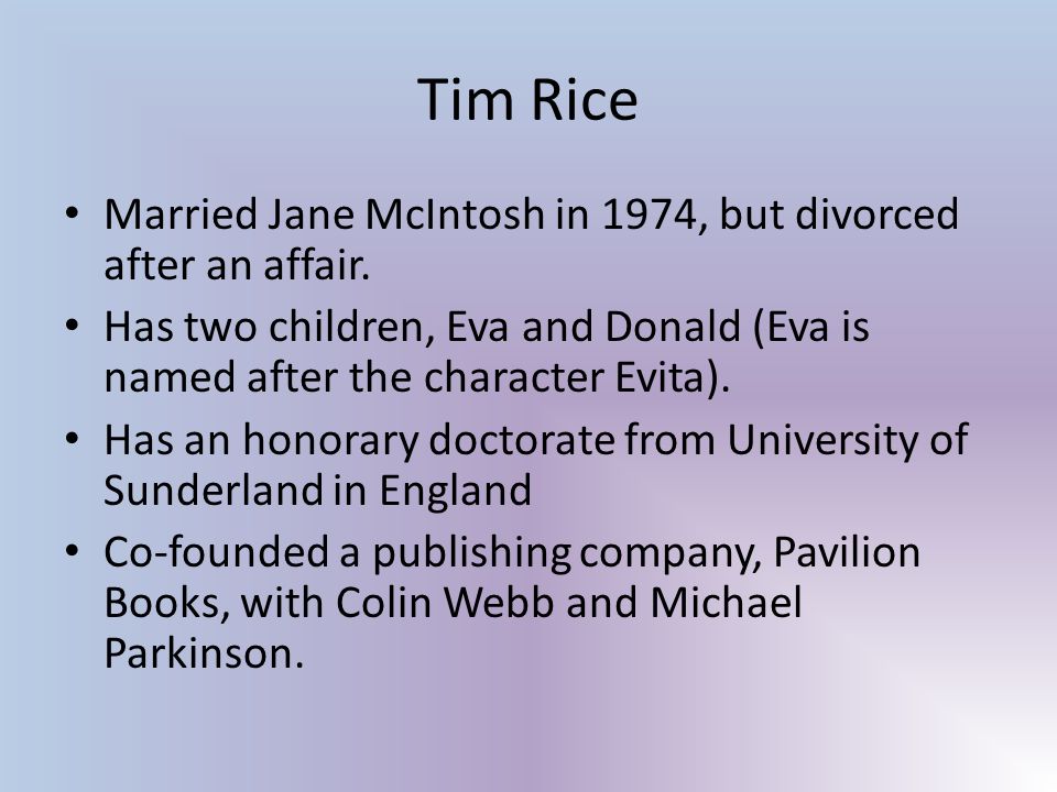 billede Tilslutte solid Sir Timothy Rice. Tim Rice Born Timothy Miles Bindon Rice on November 10,  1944 Parents: Hugh Gordon Rice and Joan Odette Rice Both parents were in  the. - ppt download