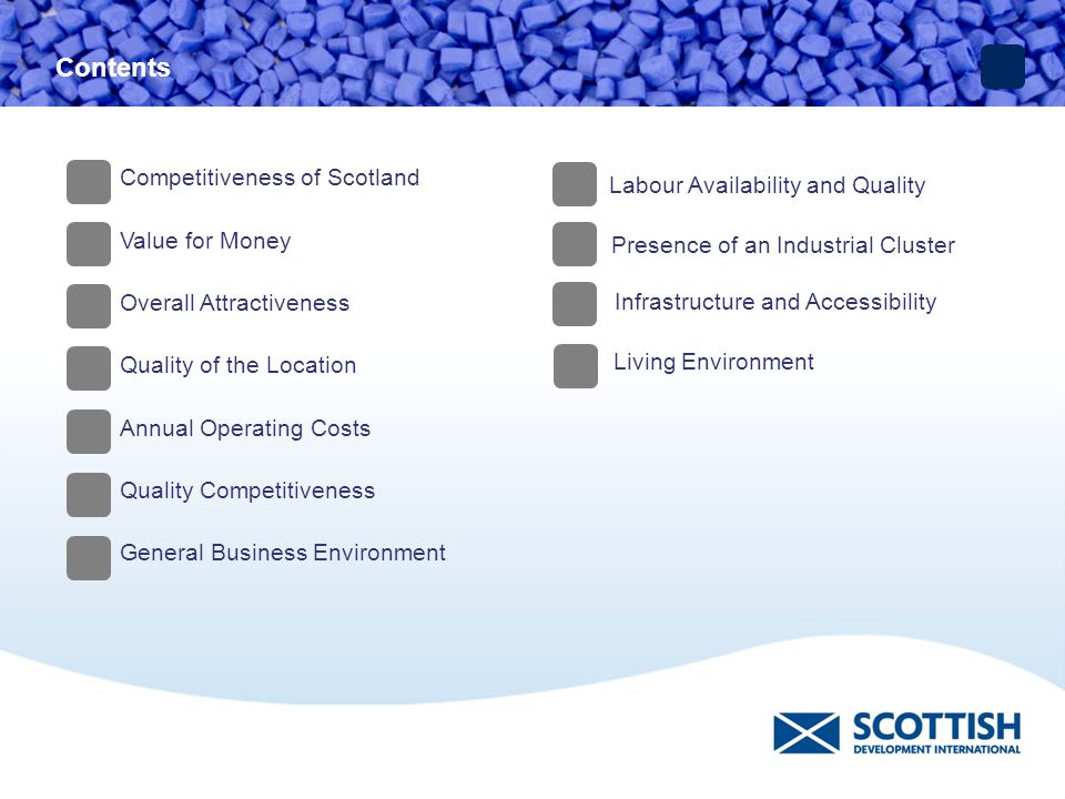 Competitiveness of Scotland Value for Money Overall Attractiveness Quality of the Location Annual Operating Costs Quality Competitiveness General Business Environment Labour Availability and Quality Presence of an Industrial Cluster Infrastructure and Accessibility Living Environment Contents