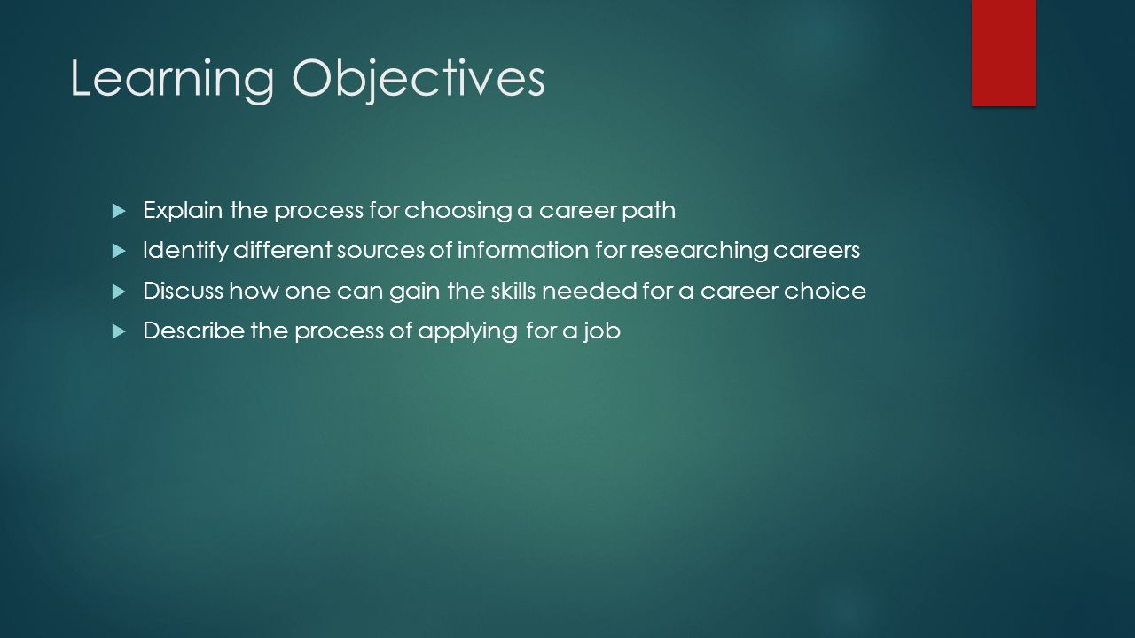 Learning Objectives  Explain the process for choosing a career path  Identify different sources of information for researching careers  Discuss how one can gain the skills needed for a career choice  Describe the process of applying for a job