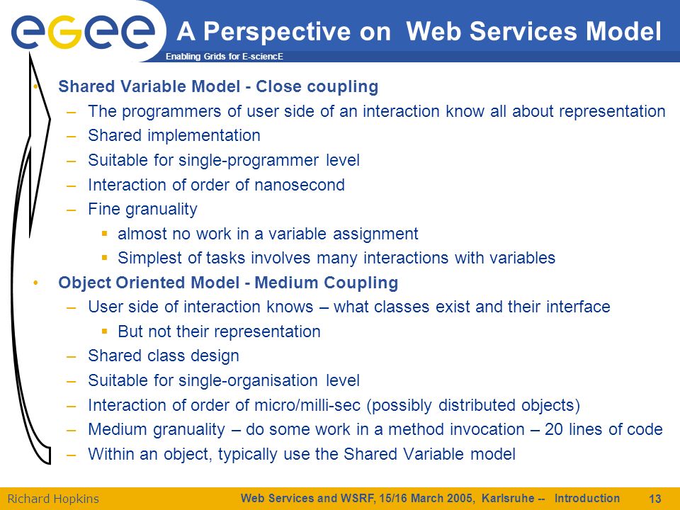 Enabling Grids for E-sciencE Richard Hopkins Web Services and WSRF, 15/16 March 2005, Karlsruhe -- Introduction 13 A Perspective on Web Services Model Shared Variable Model - Close coupling –The programmers of user side of an interaction know all about representation –Shared implementation –Suitable for single-programmer level –Interaction of order of nanosecond –Fine granuality  almost no work in a variable assignment  Simplest of tasks involves many interactions with variables Object Oriented Model - Medium Coupling –User side of interaction knows – what classes exist and their interface  But not their representation –Shared class design –Suitable for single-organisation level –Interaction of order of micro/milli-sec (possibly distributed objects) –Medium granuality – do some work in a method invocation – 20 lines of code –Within an object, typically use the Shared Variable model