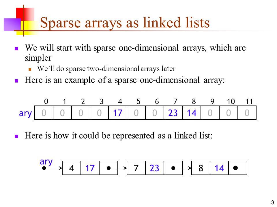 9-Mar-16 Sparse arrays. 2 About sparse arrays A sparse array is simply ...