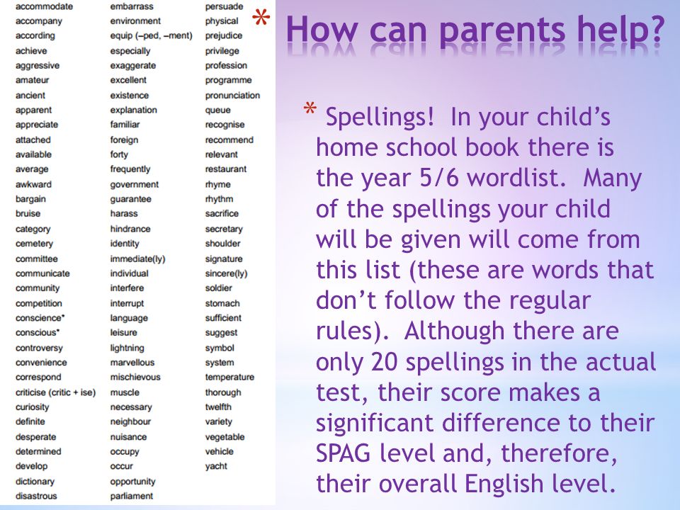 * Spellings. In your child’s home school book there is the year 5/6 wordlist.