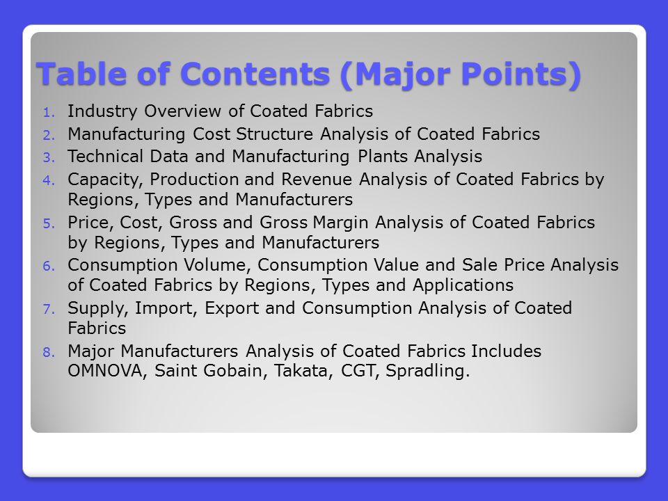 Table of Contents (Major Points) 1. Industry Overview of Coated Fabrics 2.