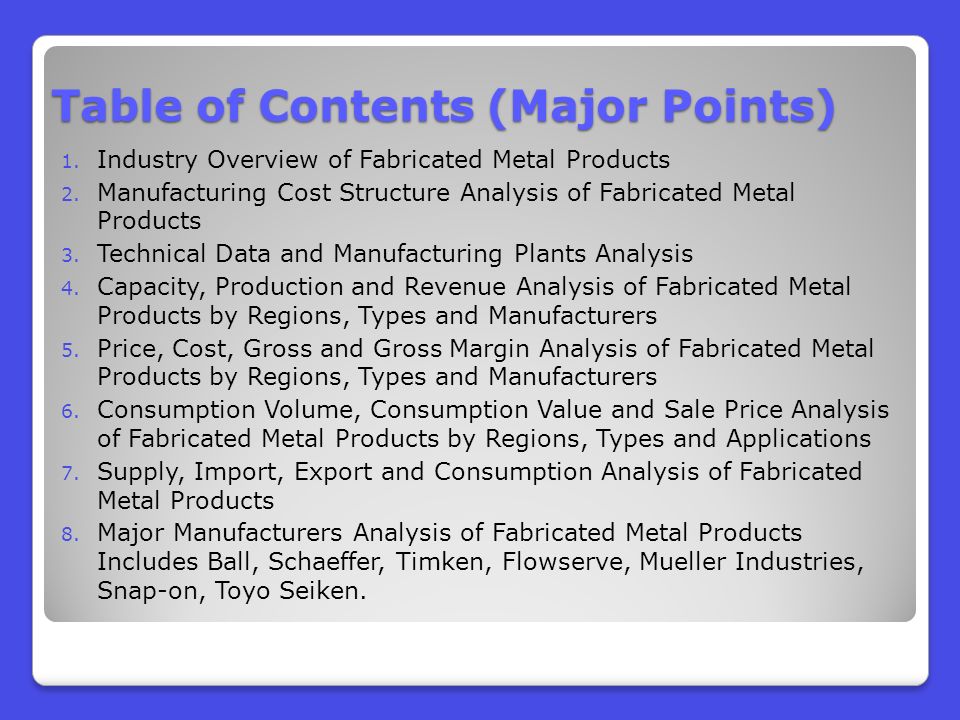 Table of Contents (Major Points) 1. Industry Overview of Fabricated Metal Products 2.