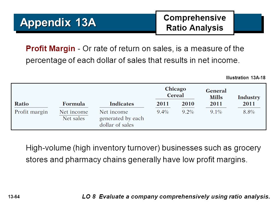 13-64 Profit Margin - Or rate of return on sales, is a measure of the percentage of each dollar of sales that results in net income.