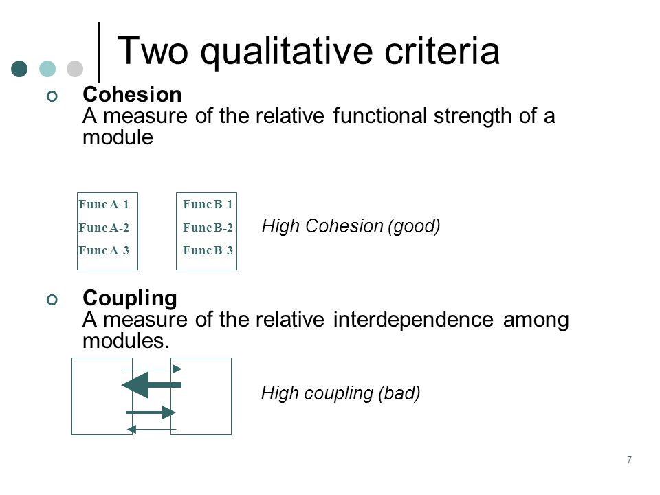 7 Cohesion A measure of the relative functional strength of a module High Cohesion (good) Func A-1 Func A-2 Func A-3 Func B-1 Func B-2 Func B-3 Two qualitative criteria Coupling A measure of the relative interdependence among modules.