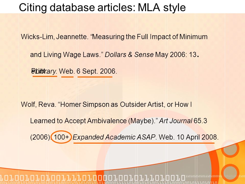 Citing database articles: MLA style Wicks-Lim, Jeannette.