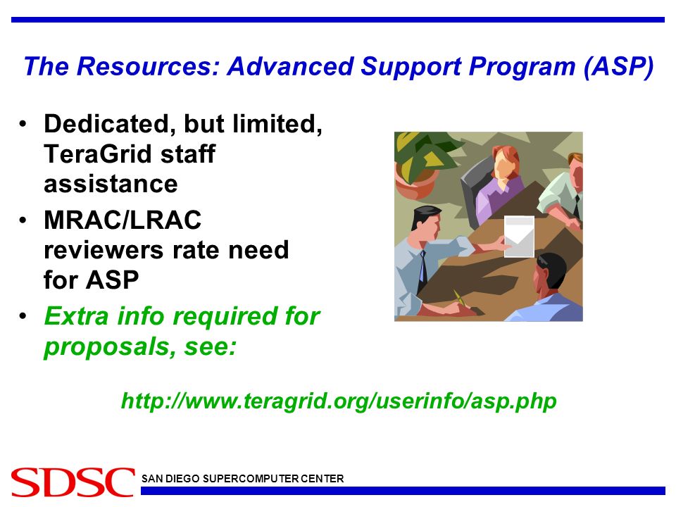 SAN DIEGO SUPERCOMPUTER CENTER The Resources: Advanced Support Program (ASP) Dedicated, but limited, TeraGrid staff assistance MRAC/LRAC reviewers rate need for ASP Extra info required for proposals, see: