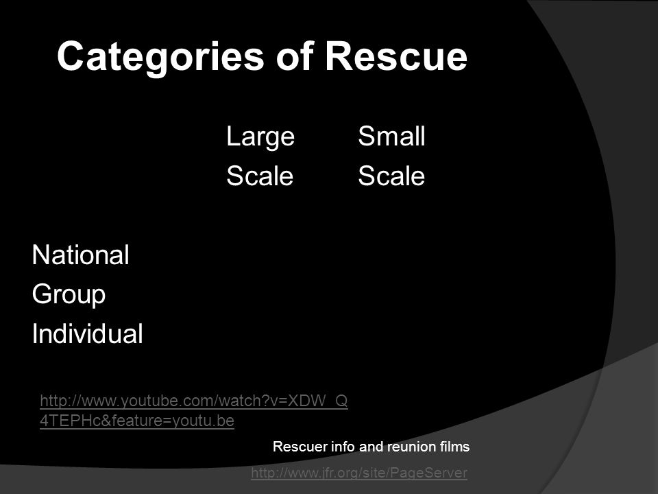 LargeSmallScale National Group Individual Categories of Rescue   Rescuer info and reunion films   v=XDW_Q 4TEPHc&feature=youtu.be