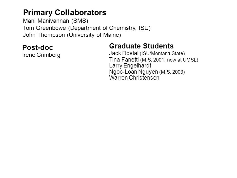 Post-doc Irene Grimberg Undergraduate Students Nathan Kurtz Eleanor Raulerson (Grinnell, now U.