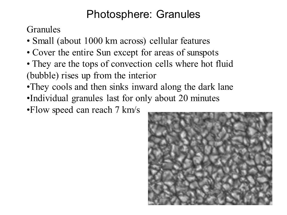 Photosphere: Granules Granules Small (about 1000 km across) cellular features Cover the entire Sun except for areas of sunspots They are the tops of convection cells where hot fluid (bubble) rises up from the interior They cools and then sinks inward along the dark lane Individual granules last for only about 20 minutes Flow speed can reach 7 km/s