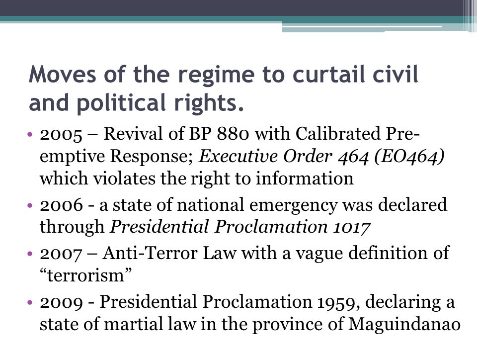 Moves of the regime to curtail civil and political rights.