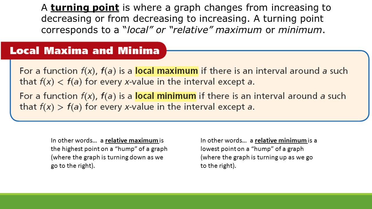 A turning point is where a graph changes from increasing to decreasing or from decreasing to increasing.