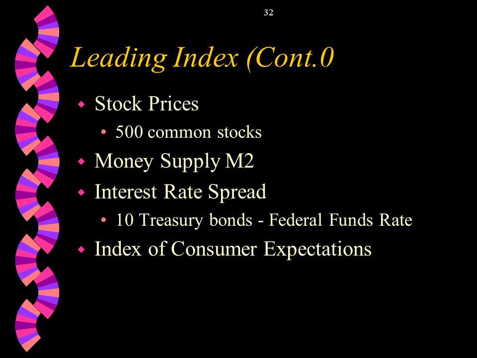 32 Leading Index (Cont.0 w Stock Prices 500 common stocks w Money Supply M2 w Interest Rate Spread 10 Treasury bonds - Federal Funds Rate w Index of Consumer Expectations