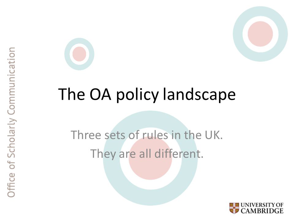The OA policy landscape Three sets of rules in the UK. They are all different.
