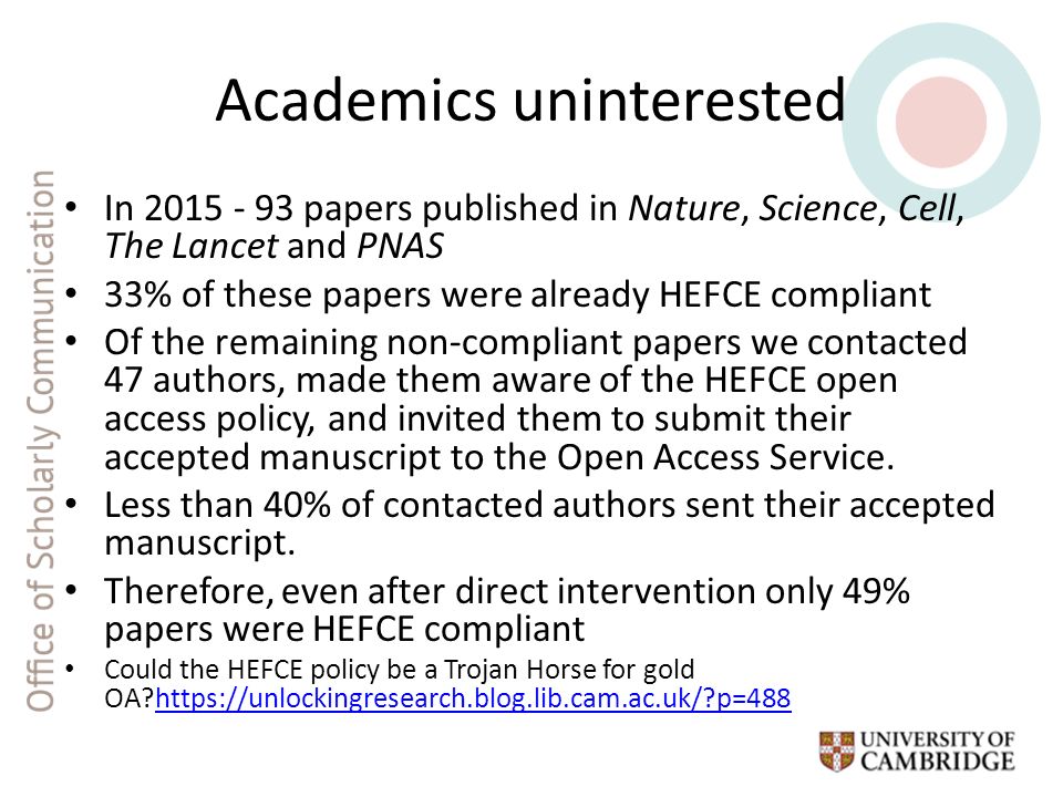 Academics uninterested In papers published in Nature, Science, Cell, The Lancet and PNAS 33% of these papers were already HEFCE compliant Of the remaining non-compliant papers we contacted 47 authors, made them aware of the HEFCE open access policy, and invited them to submit their accepted manuscript to the Open Access Service.