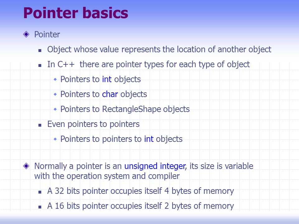 Pointer basics Pointer Object whose value represents the location of another object In C++ there are pointer types for each type of object  Pointers to int objects  Pointers to char objects  Pointers to RectangleShape objects Even pointers to pointers  Pointers to pointers to int objects Normally a pointer is an unsigned integer, its size is variable with the operation system and compiler A 32 bits pointer occupies itself 4 bytes of memory A 16 bits pointer occupies itself 2 bytes of memory