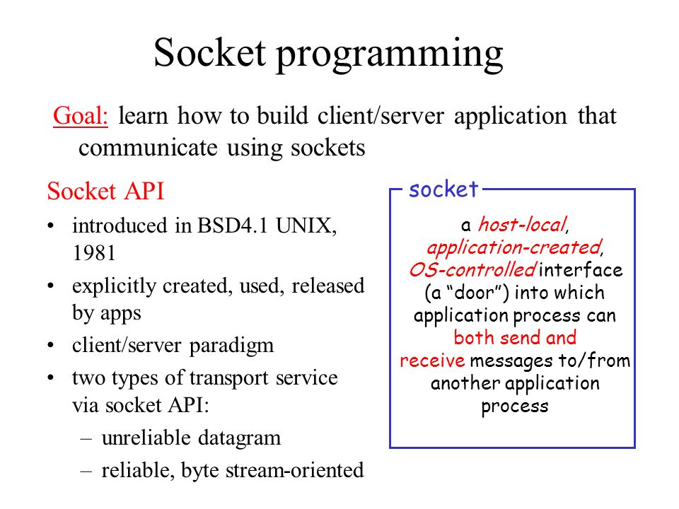 Socket programming in C. Socket programming Socket API introduced in ...