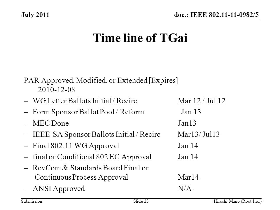 doc.: IEEE /5 Submission Time line of TGai PAR Approved, Modified, or Extended [Expires] –WG Letter Ballots Initial / RecircMar 12 / Jul 12 –Form Sponsor Ballot Pool / Reform Jan 13 –MEC DoneJan13 –IEEE-SA Sponsor Ballots Initial / Recirc Mar13/ Jul13 –Final WG Approval Jan 14 –final or Conditional 802 EC Approval Jan 14 –RevCom & Standards Board Final or Continuous Process Approval Mar14 –ANSI ApprovedN/A July 2011 Hiroshi Mano (Root Inc.)Slide 23