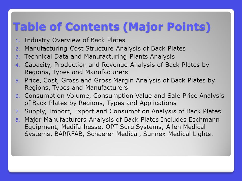 Table of Contents (Major Points) 1. Industry Overview of Back Plates 2.