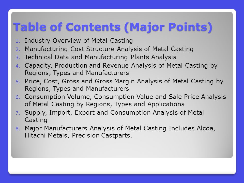 Table of Contents (Major Points) 1. Industry Overview of Metal Casting 2.