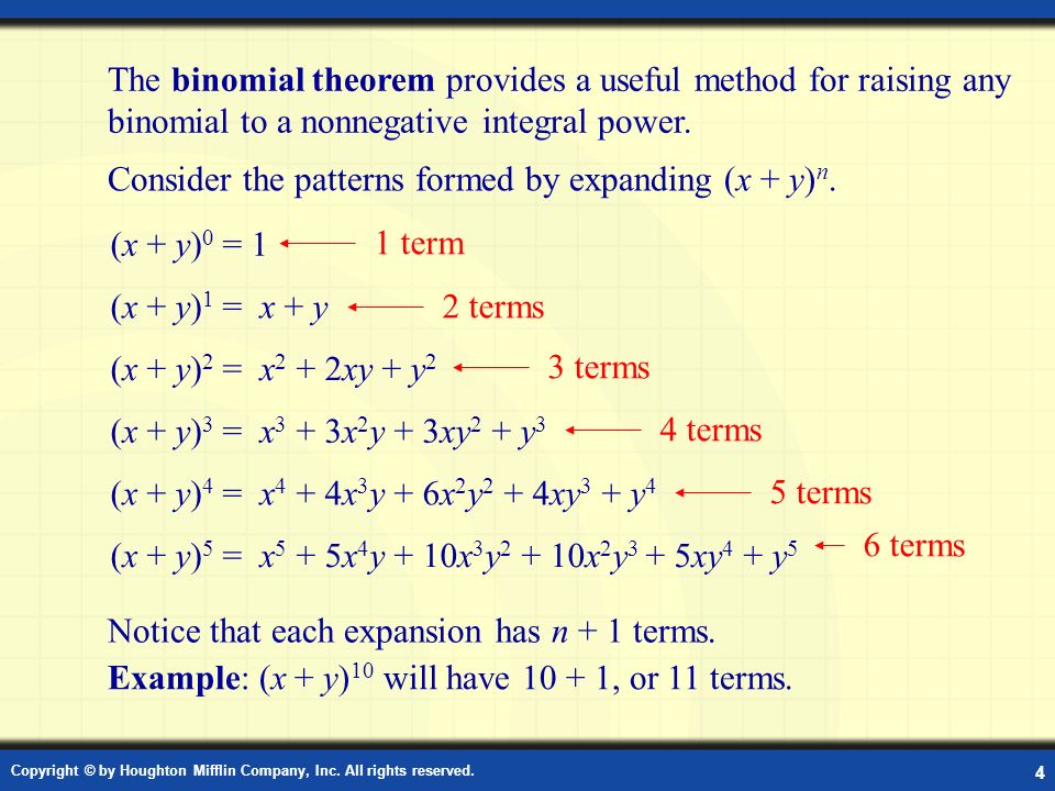 8 5 The Binomial Theorem Warm Up Copyright C By Houghton Mifflin Company Inc All Rights Reserved 2 X Y 3 X 3 3x 2 Y 3xy 2 Y Ppt Download