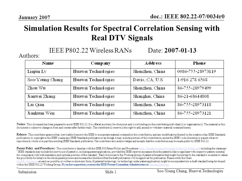 doc.: IEEE /0034r0 Submission January 2007 Slide 1 Soo-Young Chang, Huawei Technologies Simulation Results for Spectral Correlation Sensing with Real DTV Signals IEEE P Wireless RANs Date: Authors: Notice: This document has been prepared to assist IEEE