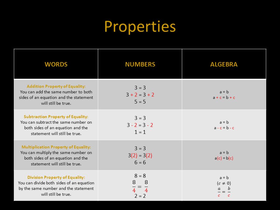 Properties WORDSNUMBERSALGEBRA Addition Property of Equality: You can add the same number to both sides of an equation and the statement will still be true.