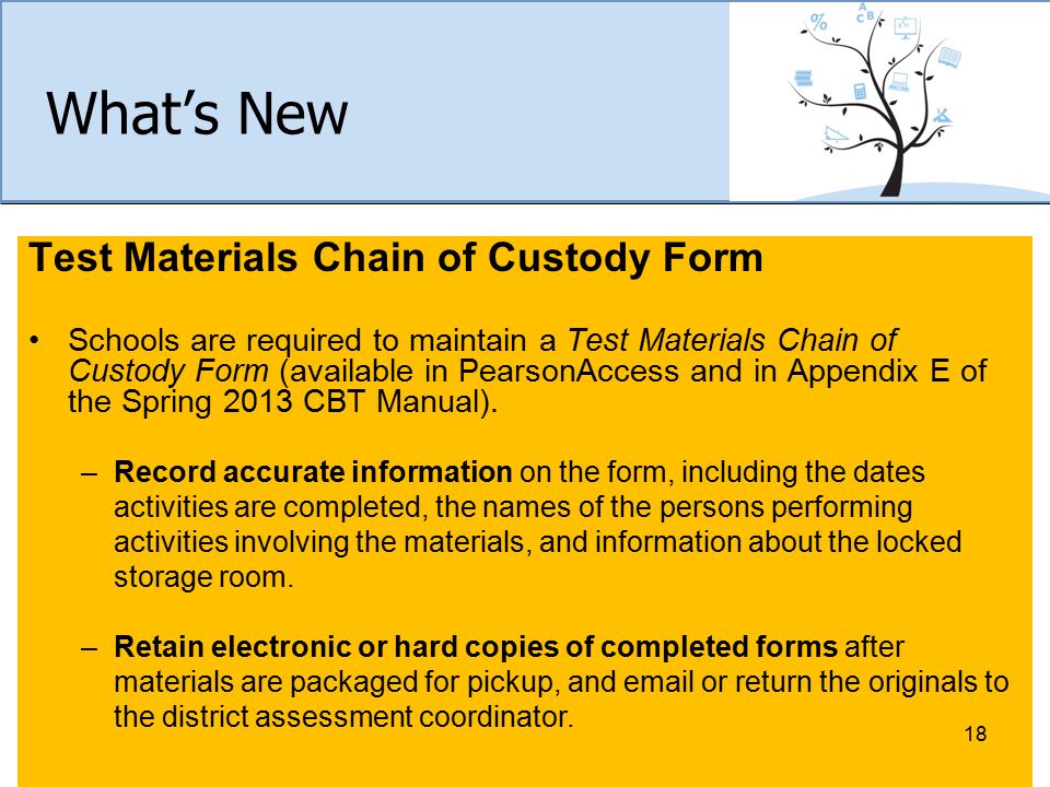 What’s New Test Materials Chain of Custody Form Schools are required to maintain a Test Materials Chain of Custody Form (available in PearsonAccess and in Appendix E of the Spring 2013 CBT Manual).