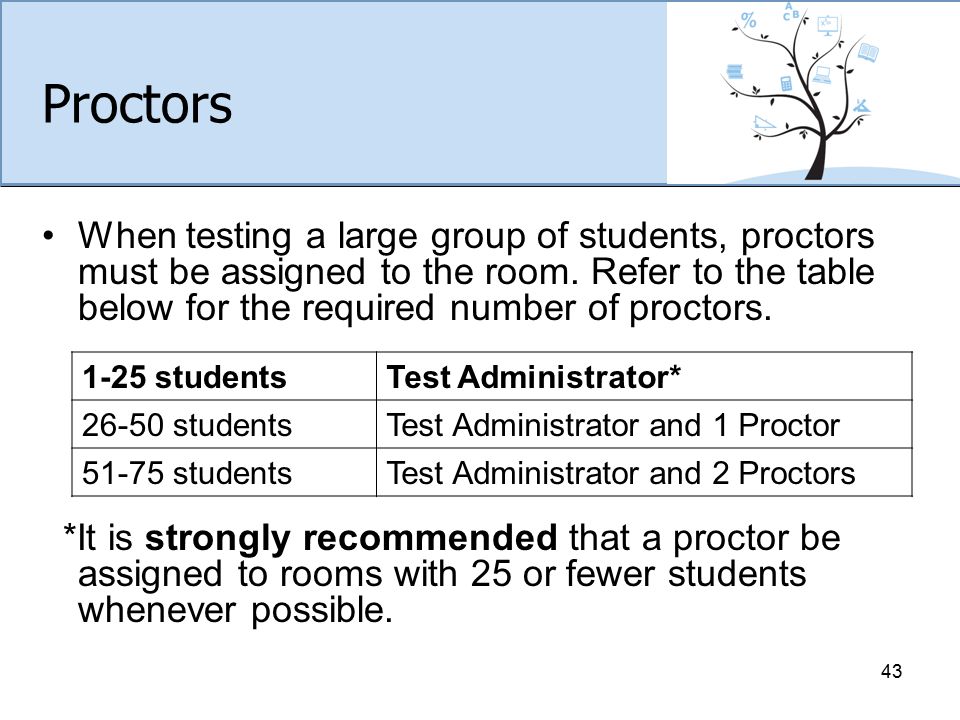 Proctors When testing a large group of students, proctors must be assigned to the room.