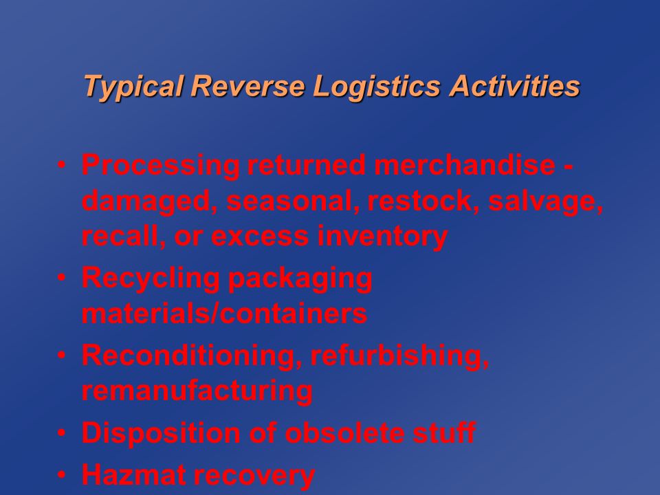 Typical Reverse Logistics Activities Processing returned merchandise - damaged, seasonal, restock, salvage, recall, or excess inventory Recycling packaging materials/containers Reconditioning, refurbishing, remanufacturing Disposition of obsolete stuff Hazmat recovery
