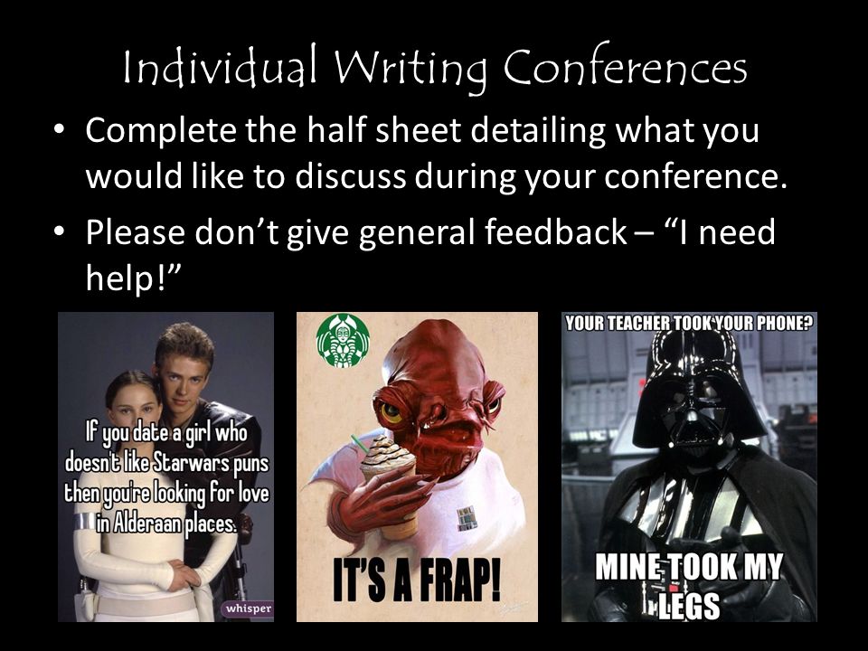 Individual Writing Conferences Complete the half sheet detailing what you would like to discuss during your conference.