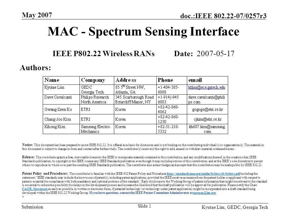 Submission doc.:IEEE /0257r3 May 2007 Kyutae Lim, GEDC, Georgia Tech Slide 1 MAC - Spectrum Sensing Interface IEEE P Wireless RANs Date: Authors: Notice: This document has been prepared to assist IEEE
