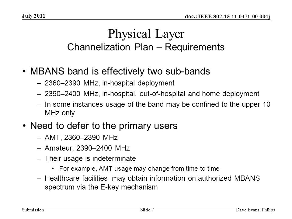 doc.: IEEE j Submission July 2011 Dave Evans, PhilipsSlide 7 Physical Layer Channelization Plan – Requirements MBANS band is effectively two sub-bands –2360–2390 MHz, in-hospital deployment –2390–2400 MHz, in-hospital, out-of-hospital and home deployment –In some instances usage of the band may be confined to the upper 10 MHz only Need to defer to the primary users –AMT, 2360–2390 MHz –Amateur, 2390–2400 MHz –Their usage is indeterminate For example, AMT usage may change from time to time –Healthcare facilities may obtain information on authorized MBANS spectrum via the E-key mechanism