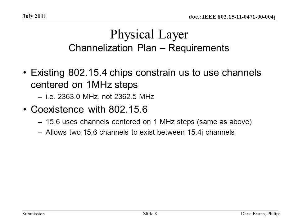 doc.: IEEE j Submission July 2011 Dave Evans, PhilipsSlide 8 Physical Layer Channelization Plan – Requirements Existing chips constrain us to use channels centered on 1MHz steps –i.e.