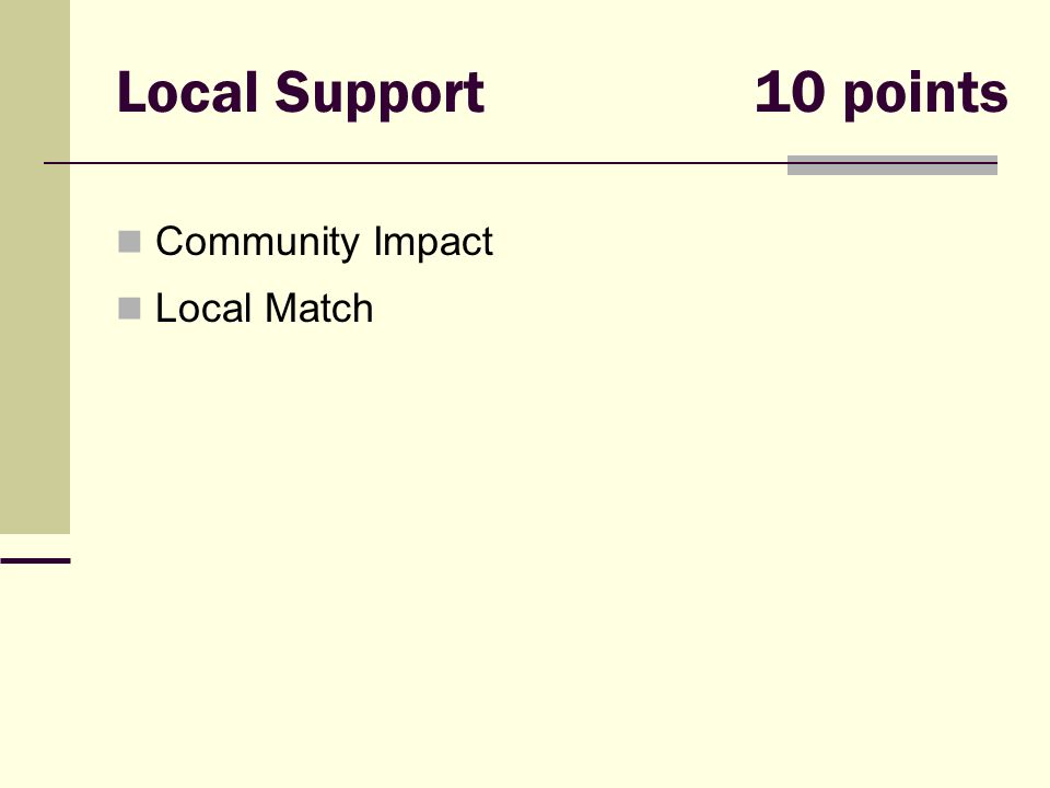Local Support10 points Community Impact Local Match