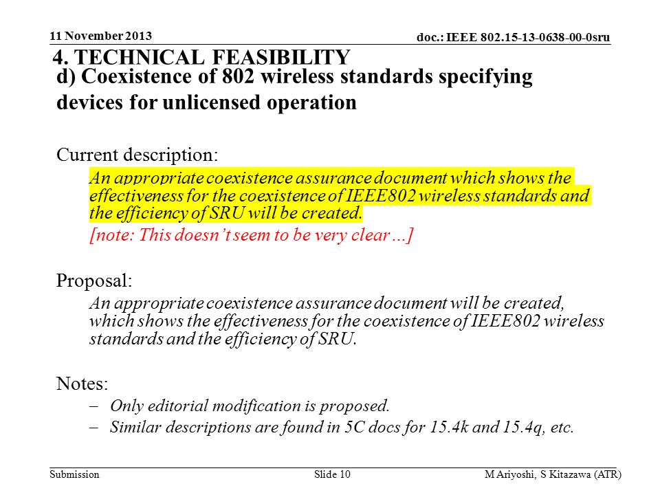 doc.: IEEE sru Submission d) Coexistence of 802 wireless standards specifying devices for unlicensed operation Current description: An appropriate coexistence assurance document which shows the effectiveness for the coexistence of IEEE802 wireless standards and the efficiency of SRU will be created.