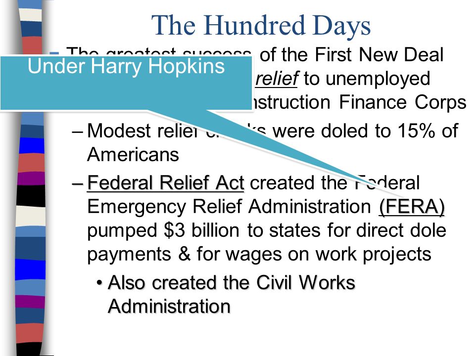 The Hundred Days ■The greatest success of the First New Deal was its ability to offer relief to unemployed citizens via the Reconstruction Finance Corps –Modest relief checks were doled to 15% of Americans –Federal Relief Act (FERA) –Federal Relief Act created the Federal Emergency Relief Administration (FERA) pumped $3 billion to states for direct dole payments & for wages on work projects Also created the Civil Works AdministrationAlso created the Civil Works Administration Under Harry Hopkins