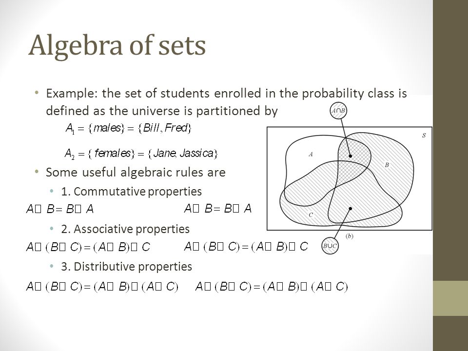 Algebra of sets Example: the set of students enrolled in the probability class is defined as the universe is partitioned by Some useful algebraic rules are 1.