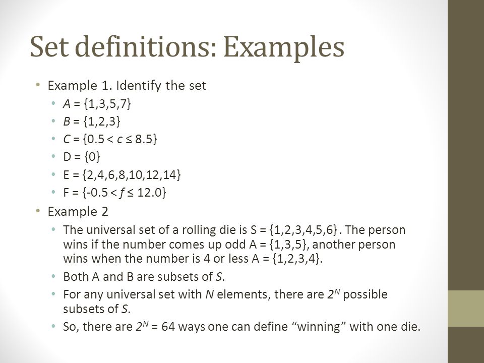Set definitions: Examples Example 1.