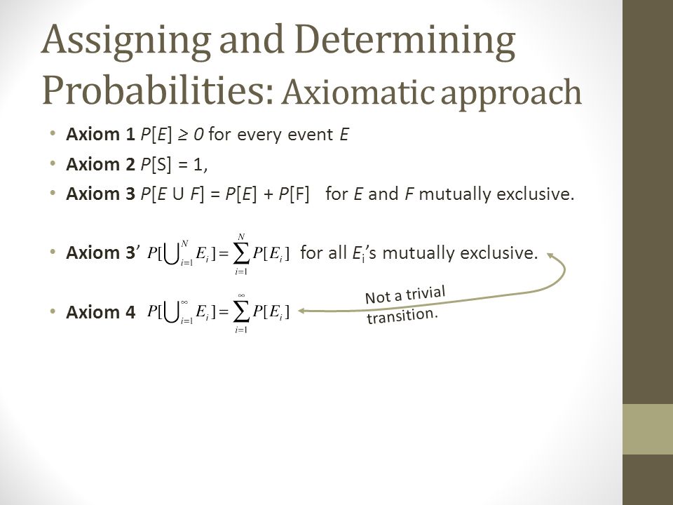 Assigning and Determining Probabilities: Axiomatic approach Axiom 1 P[E] ≥ 0 for every event E Axiom 2 P[S] = 1, Axiom 3 P[E U F] = P[E] + P[F] for E and F mutually exclusive.