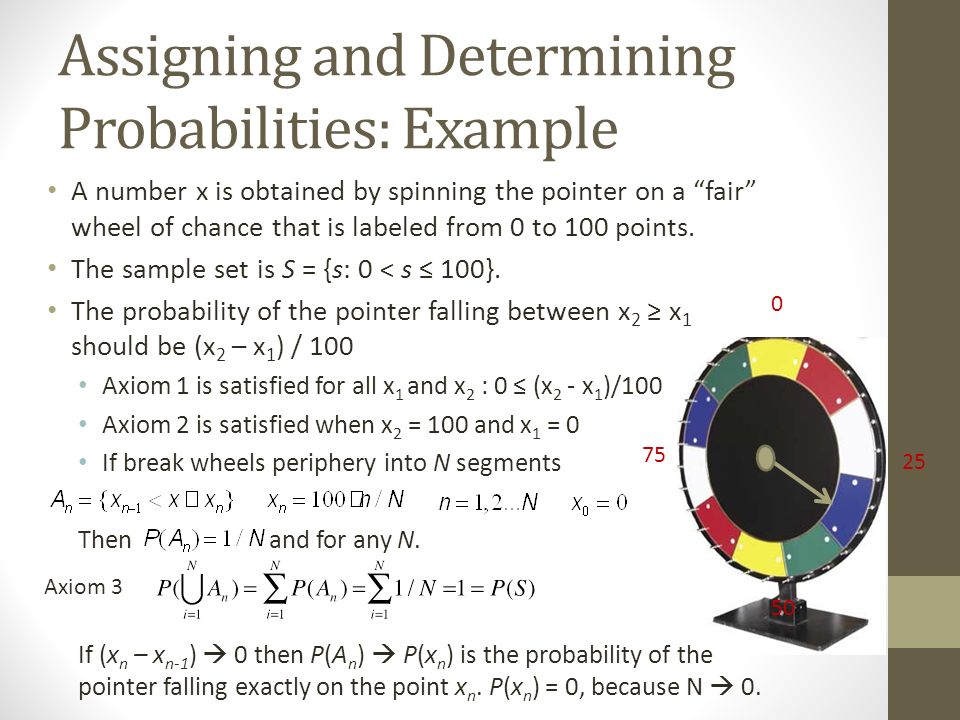 Assigning and Determining Probabilities: Example A number x is obtained by spinning the pointer on a fair wheel of chance that is labeled from 0 to 100 points.