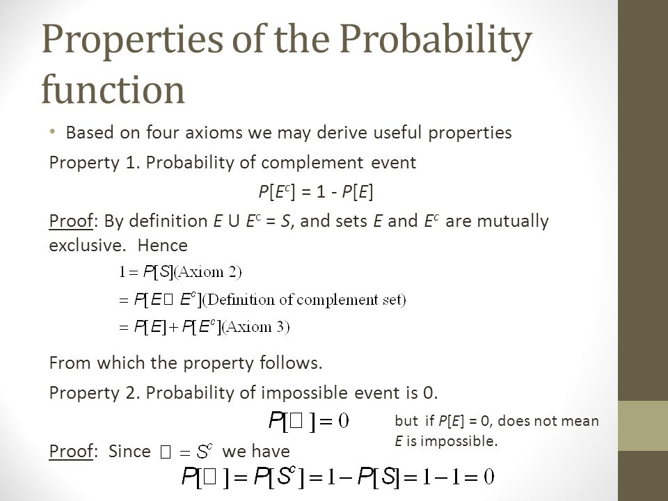 Properties of the Probability function Based on four axioms we may derive useful properties Property 1.